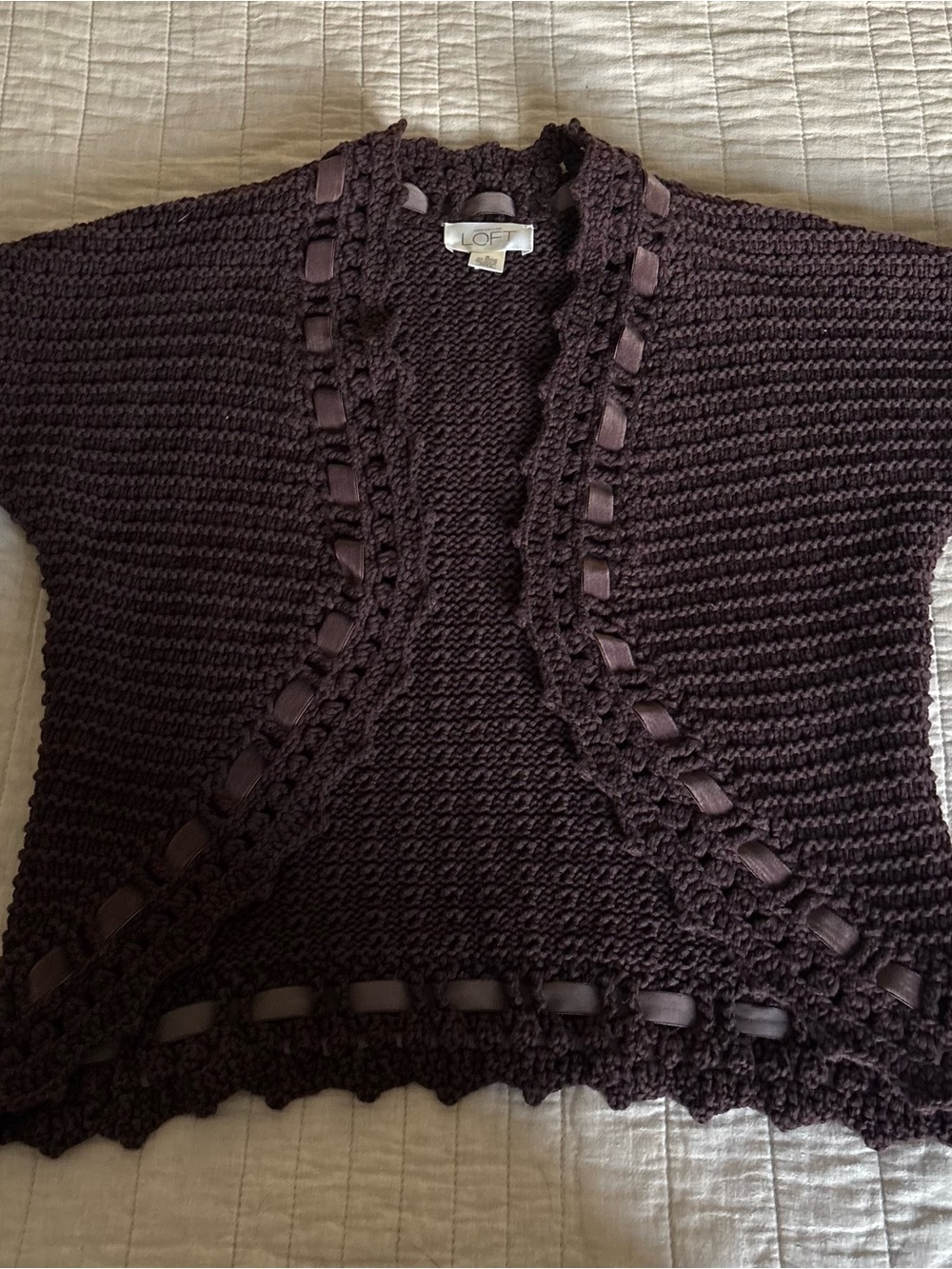 LOFT Dark Purple Crochet-Trim Open-Front Cardigan